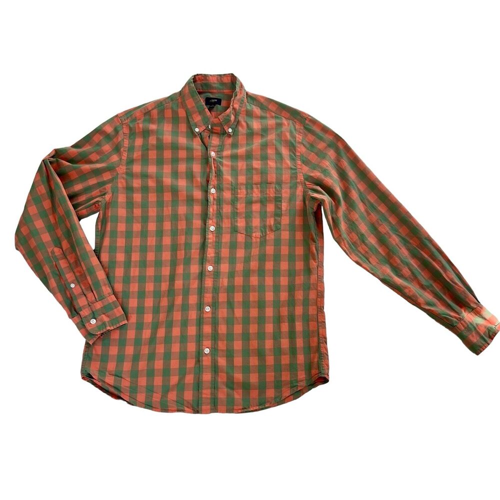 J.Crew Men M Coral Green Gingham Plaid Button Down Shirt Cotton Casual Preppy